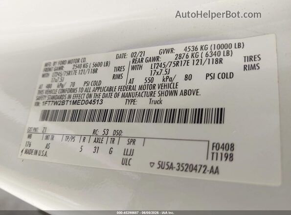 1FT7W2BT1MED04513 2021 FORD F-250 White ძრავის განყოფილების ხედი