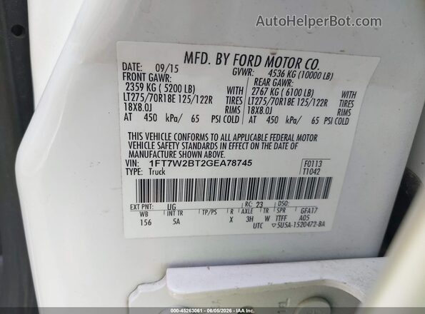 1FT7W2BT2GEA78745 2016 FORD F-250 White Widok naklejki z numerem VIN