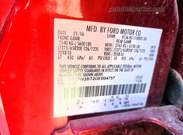 1FT7W2BT2GEB84757 2016 FORD F250 Red ძრავის განყოფილების ხედი
