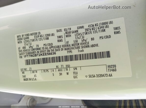 1FT7W2BT2KEE56636 2019 FORD F-250 White Vista del compartimento del motor