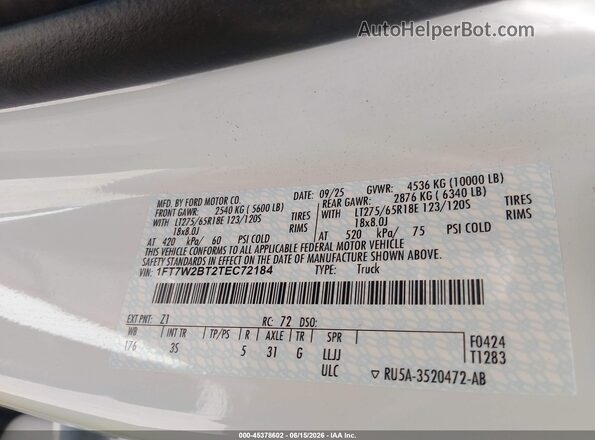 1FT7W2BT2TEC72184 2026 FORD F-250 White 
