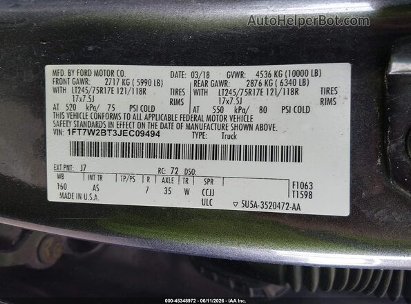 1FT7W2BT3JEC09494 2018 FORD F-250 Gray 