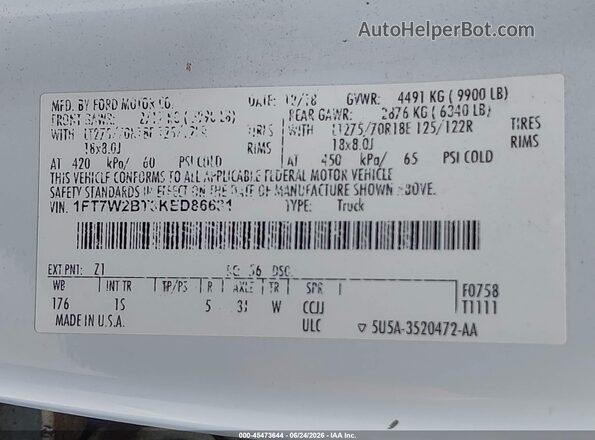 1FT7W2BT3KED86631 2019 FORD F-250 Белый Вид подкапотного пространства