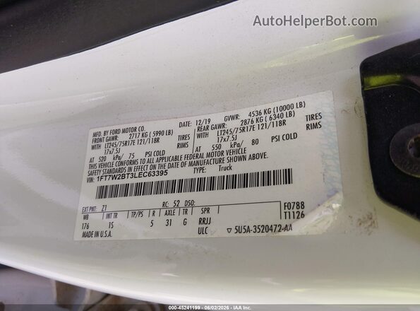 1FT7W2BT3LEC63395 2020 FORD F-250 White ძრავის განყოფილების ხედი