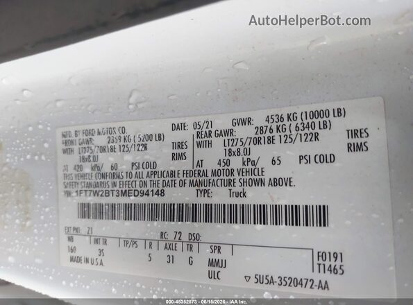 1FT7W2BT3MED94148 2021 FORD F-250 White Շարժիչի բաժամունքի տեսք