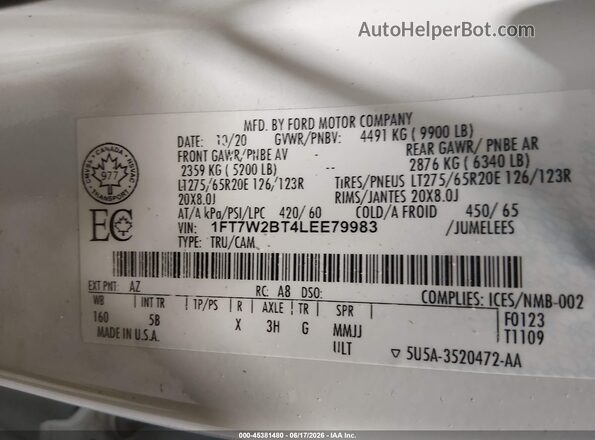 1FT7W2BT4LEE79983 2020 FORD F-250 White Вид підкапотного простору