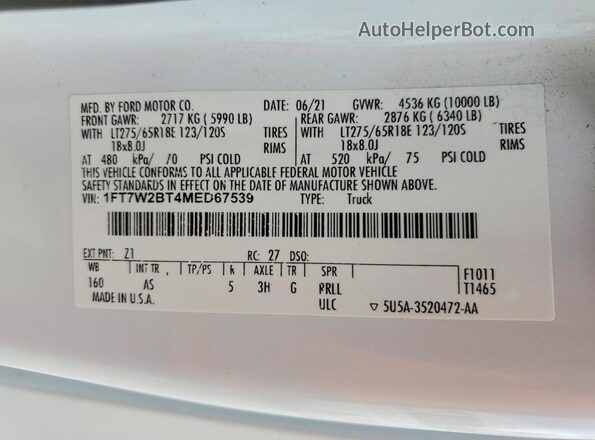 1FT7W2BT4MED67539 2021 FORD F250 White Widok komory silnika