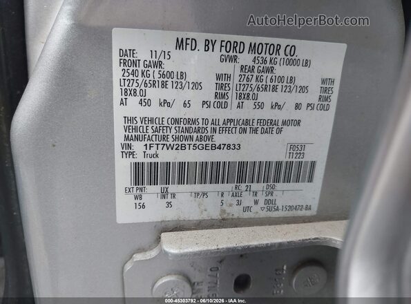 1FT7W2BT5GEB47833 2016 FORD F-250 Silver 
