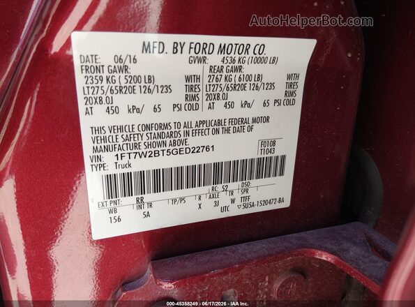 1FT7W2BT5GED22761 2016 FORD F-250 Red ძრავის განყოფილების ხედი