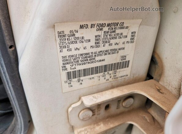 1FT7W2BT6GED12840 2016 FORD F250 White 