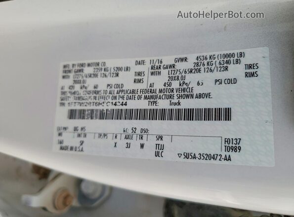 1FT7W2BT6HEC14344 2017 FORD F250 White Widok komory silnika