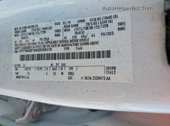 1FT7W2BT6KEE09318 2019 FORD F250 White ძრავის განყოფილების ხედი