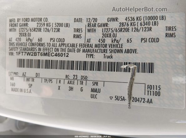 1FT7W2BT6MEC46012 2021 FORD F-250 White Vista del compartimento del motor