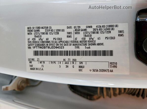 1FT7W2BT8LED94323 2020 FORD F-250 White ძრავის განყოფილების ხედი