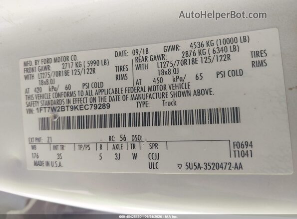 1FT7W2BT9KEC79289 2019 FORD F-250 White Engine compartment view