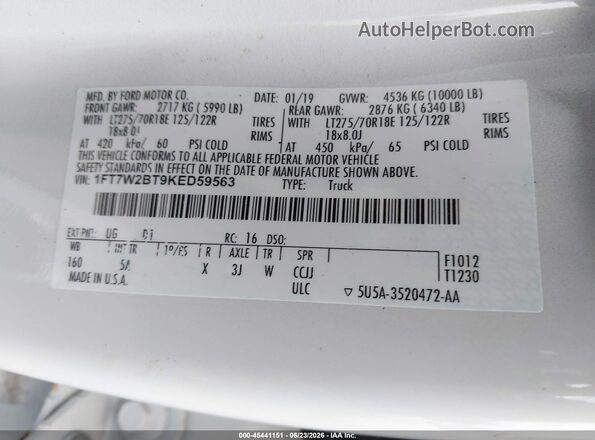 1FT7W2BT9KED59563 2019 FORD F-250 White Widok komory silnika