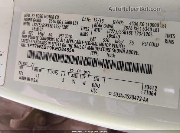 1FT7W2BT9KED84558 2019 FORD F-250 White Вид підкапотного простору