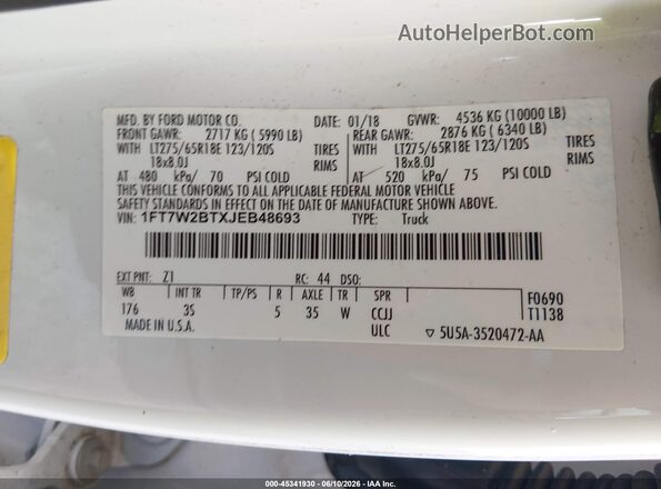 1FT7W2BTXJEB48693 2018 FORD F-250 Белый 