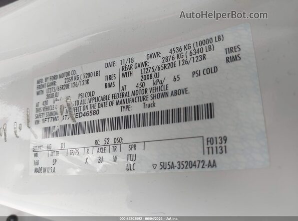1FT7W2BTXKED46580 2019 FORD F-250 White Widok komory silnika