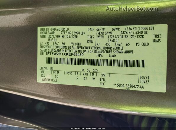 1FT7W2BTXKEF69430 2019 FORD F-250 Beige Vista del compartimento del motor