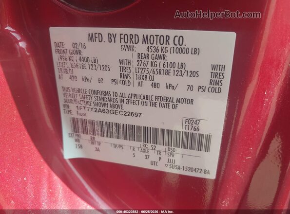 1FT7X2A63GEC22697 2016 FORD F-250 Red Vista del compartimento del motor