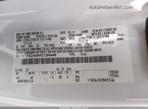 1FT7X2A69HEC88446 2017 FORD F-250 White Widok komory silnika