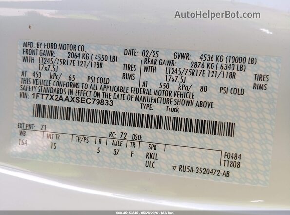 1FT7X2AAXSEC79833 2025 FORD F-250 White ძრავის განყოფილების ხედი