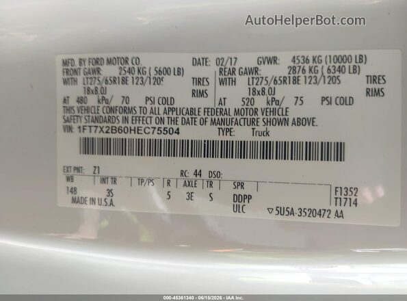 1FT7X2B60HEC75504 2017 FORD F-250 White Widok komory silnika