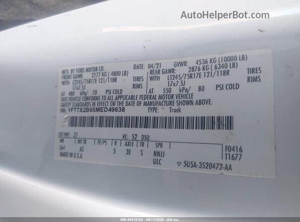 1FT7X2B65MED49638 2021 FORD F-250 Белый Вид подкапотного пространства