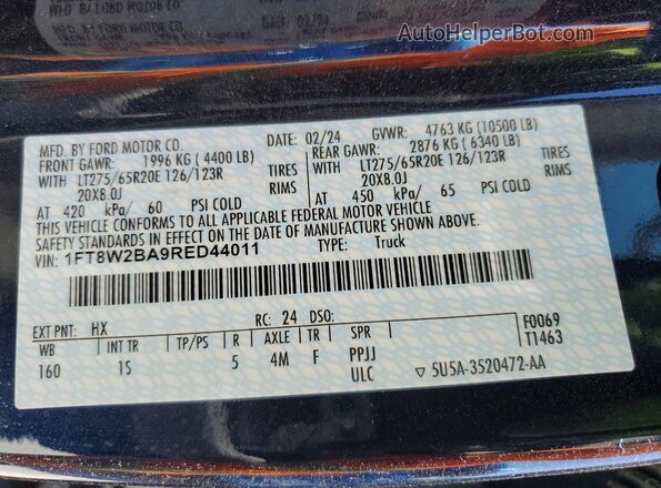 1FT8W2BA9RED44011 2024 FORD F250 Blue Вид наклейки з VIN-кодом
