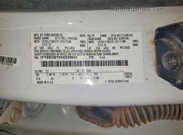 1FT8W3BT0KEE59643 2019 FORD F350 Белый Вид подкапотного пространства