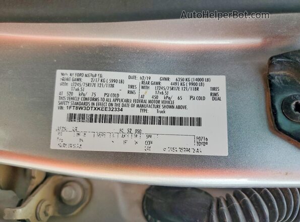 1FT8W3DTXKEE32334 2019 FORD F350 White Widok naklejki z numerem VIN