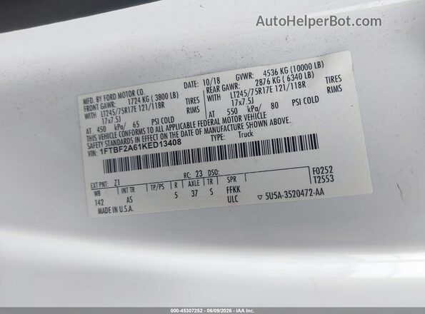 1FTBF2A61KED13408 2019 FORD F-250 White 