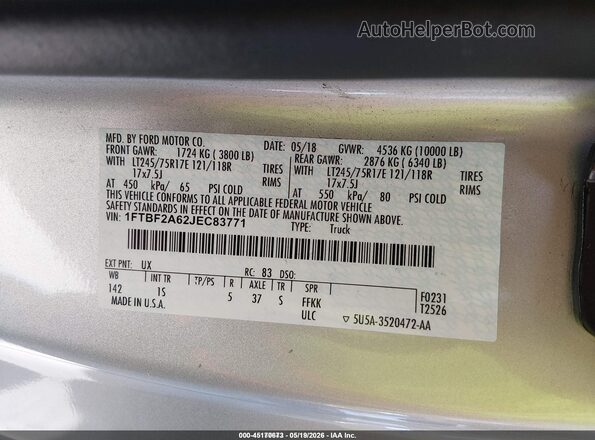 1FTBF2A62JEC83771 2018 FORD F-250 Silver Vista del compartimento del motor