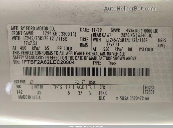 1FTBF2A62LEC20804 2020 FORD F-250 White ძრავის განყოფილების ხედი