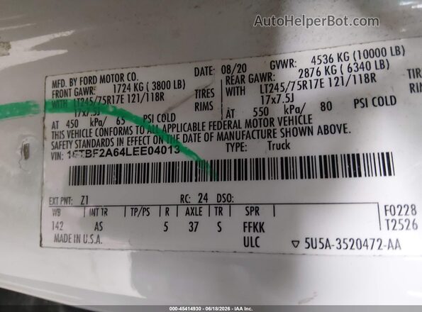 1FTBF2A64LEE04013 2020 FORD F-250 White Widok komory silnika