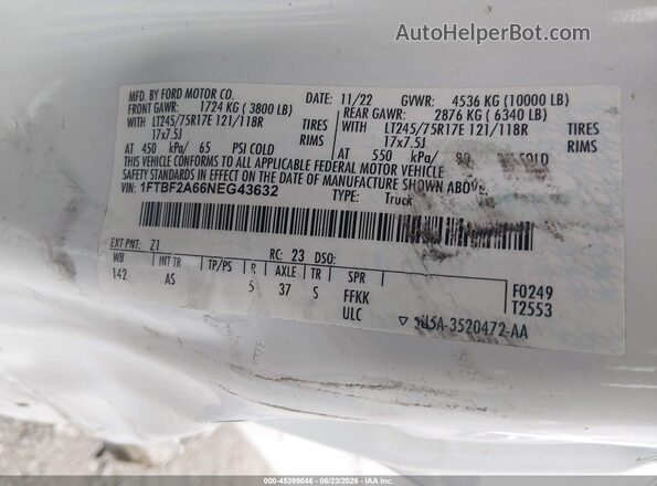 1FTBF2A66NEG43632 2022 FORD F-250 White ძრავის განყოფილების ხედი