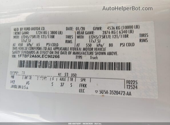 1FTBF2A69LEC90266 2020 FORD F-250 White Vista del compartimento del motor