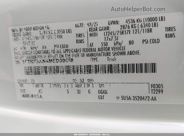 1FTBF2AN4MED39558 2021 FORD F-250 White Շարժիչի բաժամունքի տեսք