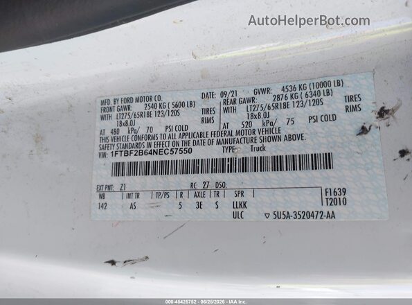 1FTBF2B64NEC57550 2022 FORD F-250 White ძრავის განყოფილების ხედი