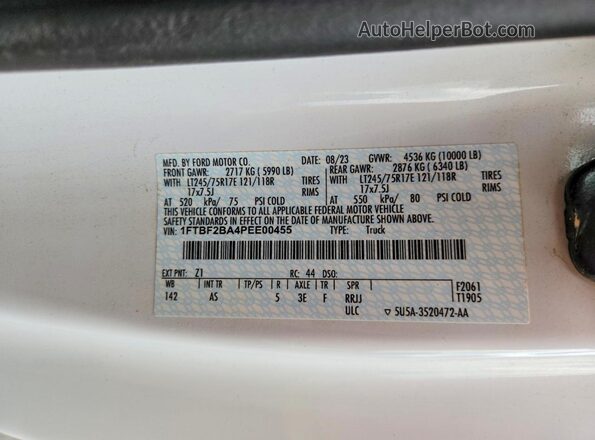 1FTBF2BA4PEE00455 2023 FORD F250 White VIN sticker view