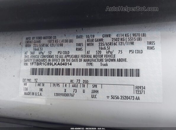 1FTBR1C89LKA04014 2020 FORD TRANSIT-250 White Շարժիչի բաժամունքի տեսք