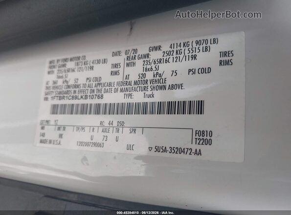 1FTBR1C89LKB10768 2020 FORD TRANSIT-250 White Engine compartment view
