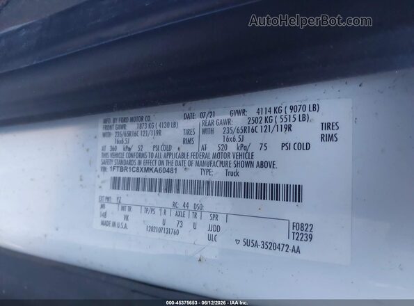 1FTBR1C8XMKA60481 2021 FORD TRANSIT-250 White Vista del compartimento del motor