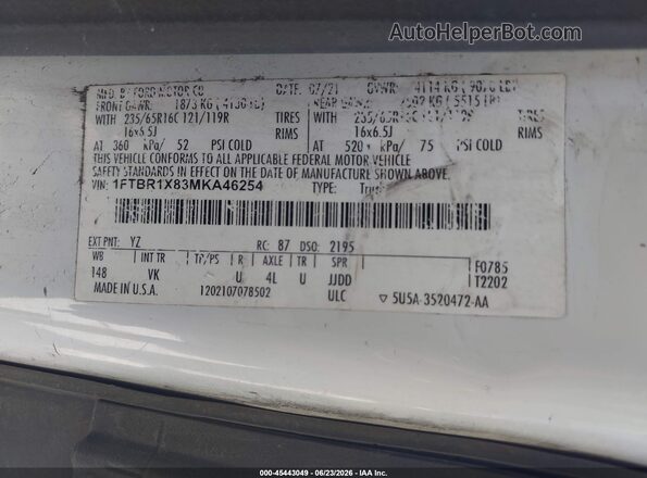 1FTBR1X83MKA46254 2021 FORD TRANSIT-250 White Widok komory silnika