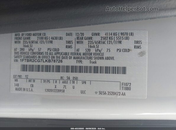 1FTBR2CG7LKB78726 2020 FORD TRANSIT-250 White 