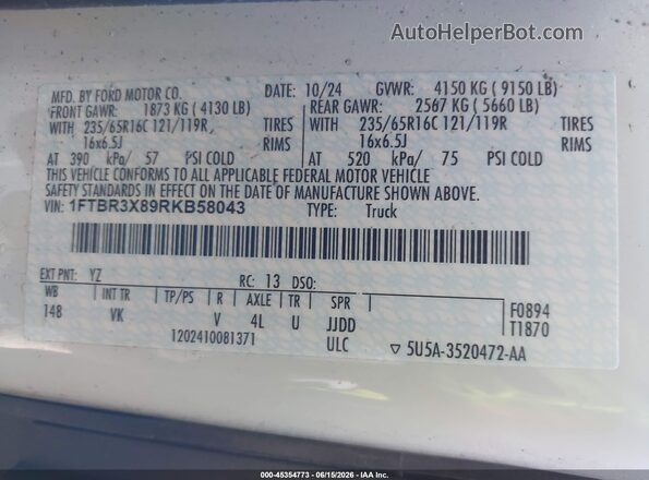1FTBR3X89RKB58043 2024 FORD TRANSIT-250 White Вид підкапотного простору
