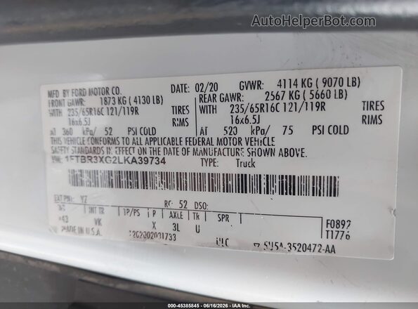 1FTBR3XG2LKA39734 2020 FORD TRANSIT-250 White Vista del compartimento del motor