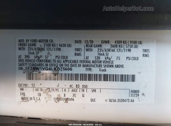 1FTBW1VG4LKB75606 2020 FORD TRANSIT-350 CREW VAN White ძრავის განყოფილების ხედი