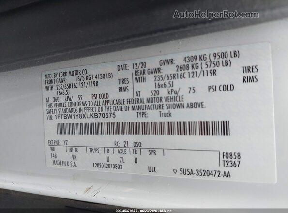 1FTBW1Y8XLKB70575 2020 FORD TRANSIT-350 White Vista del compartimento del motor